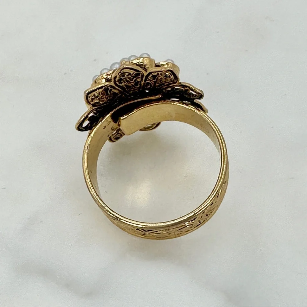 Vintage Cocktail Ring Victorian Revival Gold Tone Filigree Faux Pearl Adjustable - Picture 7 of 9
